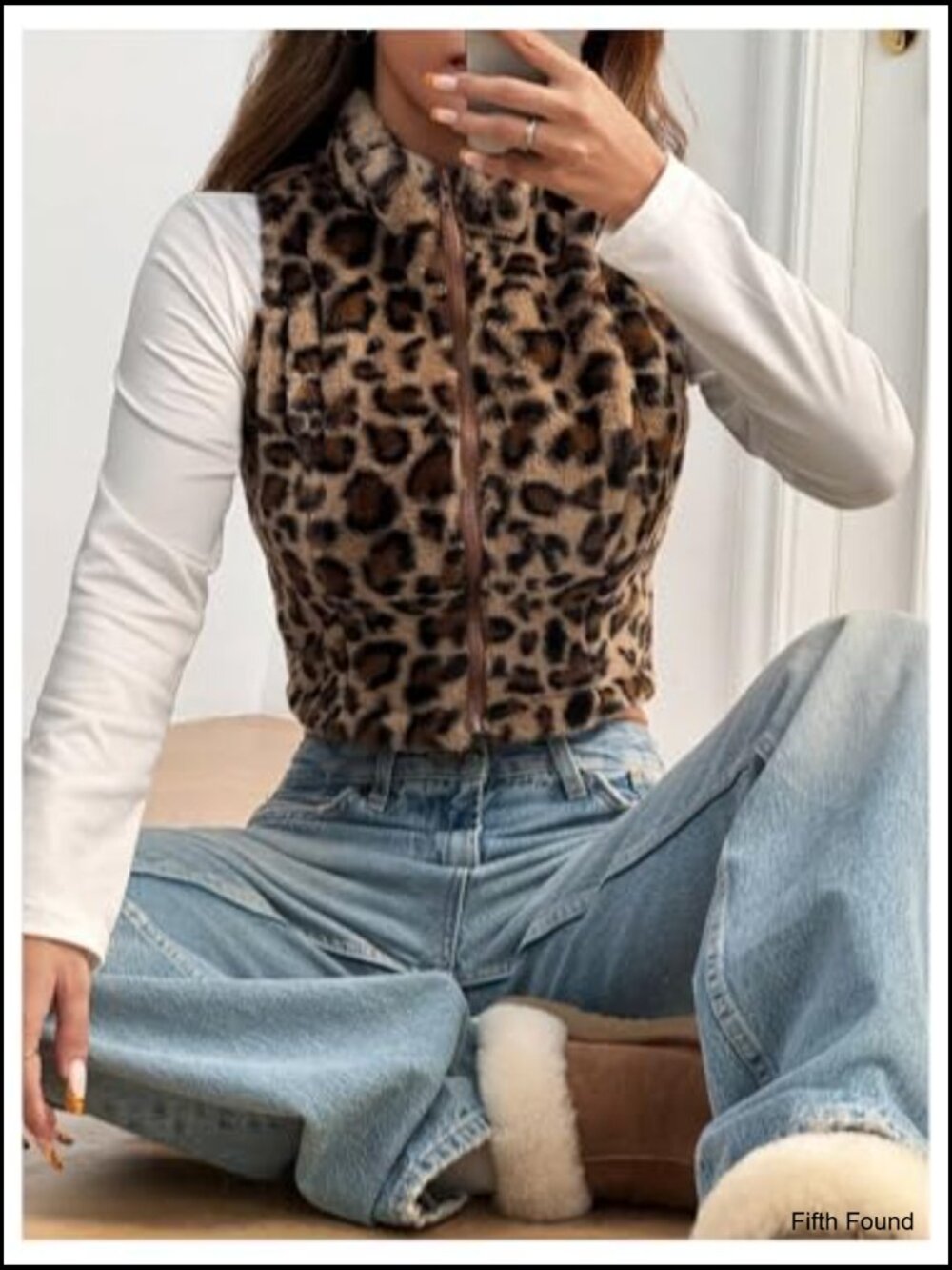 Y2k Leopard Print Cropped Vest Jacket Zip Up Fuzzy Sleeveless Cheetah Outwear - Picture 5 of 6